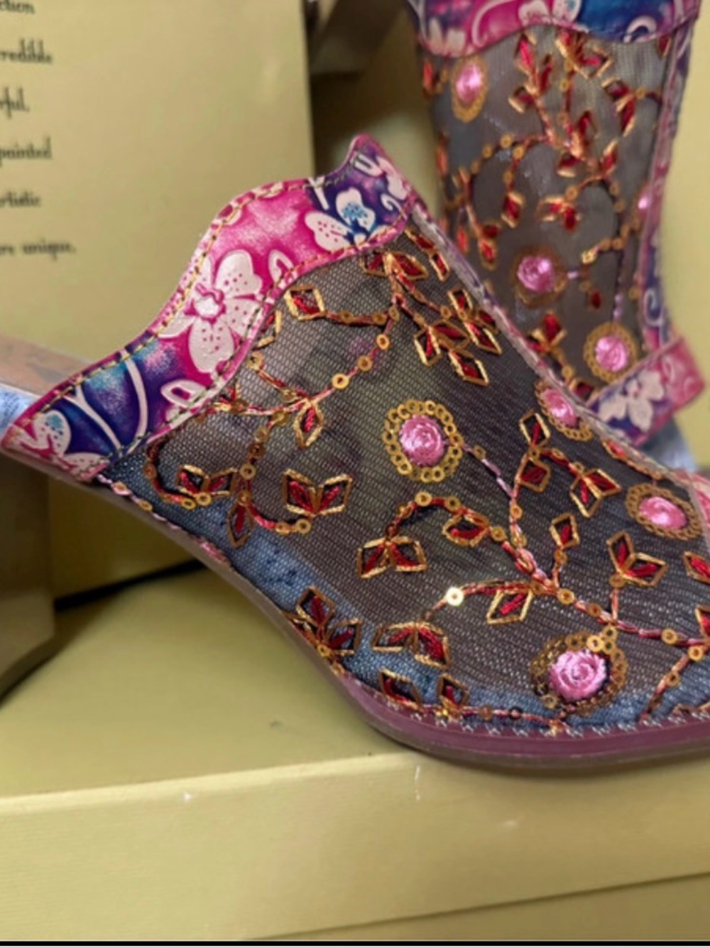 Spring Step Multicolor Embroidered Open-Back Mule with Patterned Heel - Picture 2 of 5